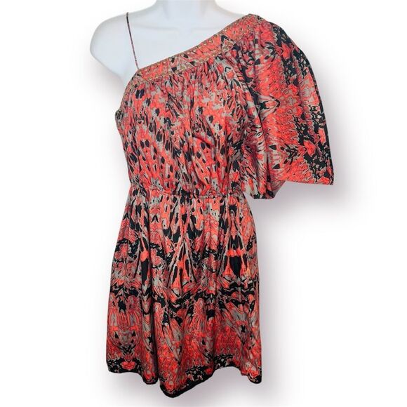 Angie One Shoulder Mini Dress Split Sleeve Feather Print Metal Bead Red Black S - Picture 1 of 10
